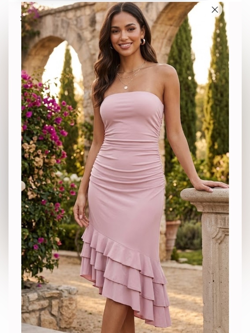 Express Strapless Dusty Pink Ruffle-Hem Dress
